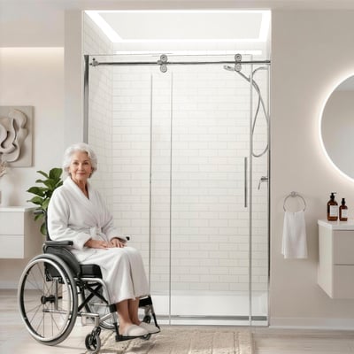 Woman in a wheelchair beside a walk in shower built on a low threshold ADA shower pan with a glass door.