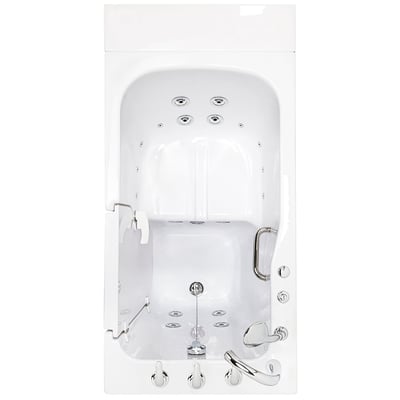 Top-down view of Ella Economy walk-in tub with open door, anti-slip floor, hydro jets, and chrome grab bar