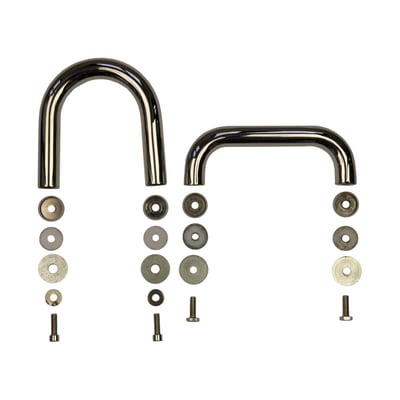 Two polished black nickel walk-in tub deck mounted grab bars displayed with mounting hardware including screws and washers