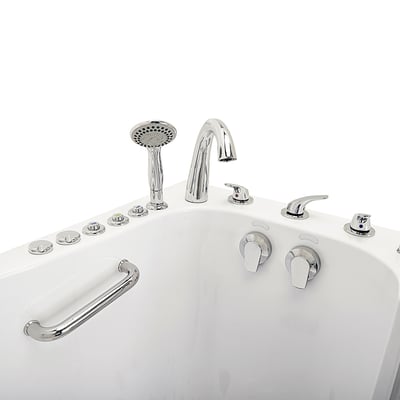 Close-up of chrome faucet, handheld showerhead, grab bar, and jet controls on an Ella walk-in tub deck