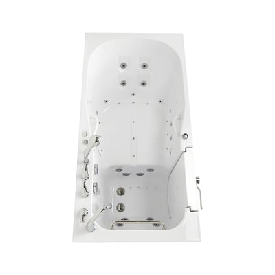 Overhead view of Ella's Bubbles Shak walk-in tub with dual hydro and air massage jets, anti-slip floor, and chrome grab bars