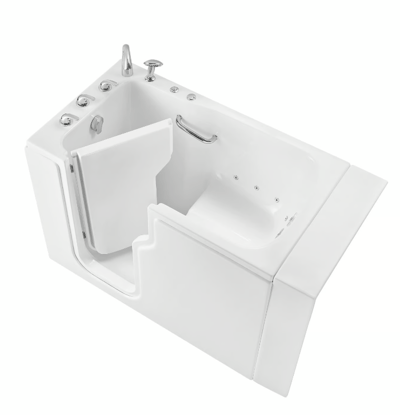 Bañera de puerta Ella blanca con puerta abierta, asiento integrado, barra de sujeción, jets de hidromasaje y grifería cromada