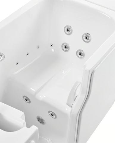 Vista interior de una bañera de puerta Ella que muestra los jets de hidromasaje, el asiento integrado y el panel de la puerta de entrada lateral