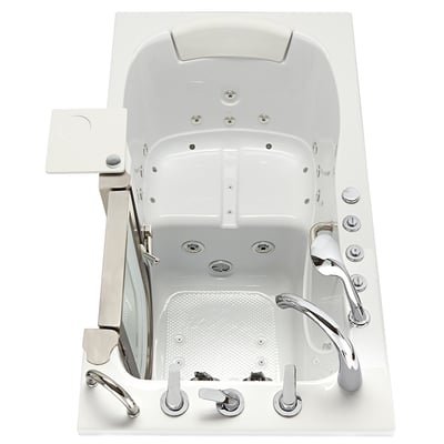 Overhead view of Ella Elite 30x52 walk-in tub with open door, hydro jets, anti-slip floor, and chrome faucet set