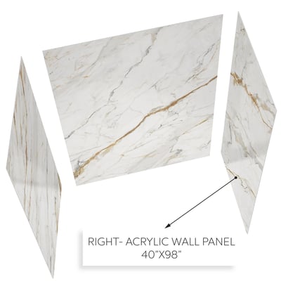 Three-panel view of Ella's 40x98 inch Calacatta Luxor right acrylic wall panel with gold and gray marble veining