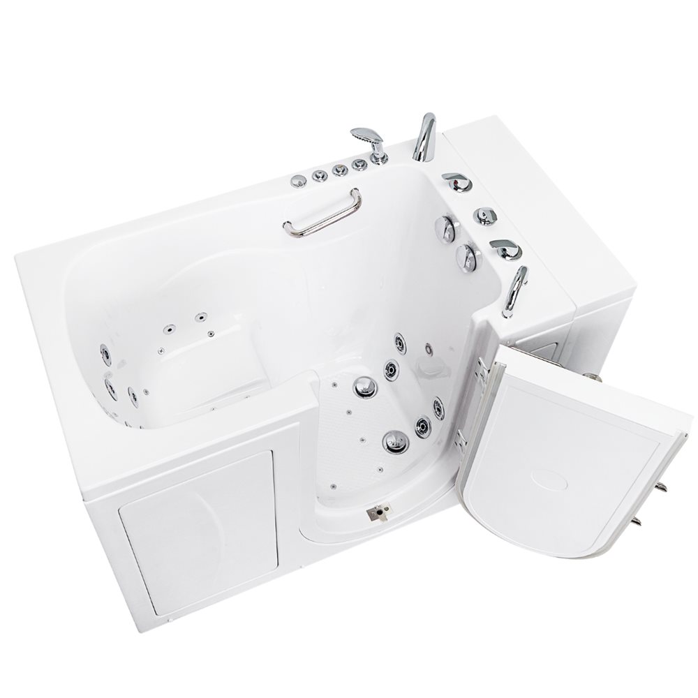 Ella Capri 30 by 52 inch walk-in tub with outward-swing U-shape door, hydro jets, grab bar and chrome faucet set