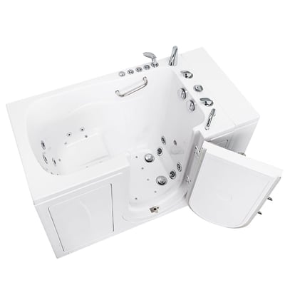 Ella Capri walk-in tub with outward swing door, hydro jets, grab bar, and chrome faucet set - 30x52 inch white acrylic