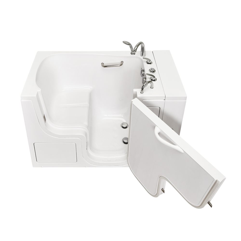Bañera con puerta accesible en silla de ruedas Ella Transfer30 en blanco, con la puerta en forma de L de apertura hacia fuera abierta, juego de grifería cromada y suelo texturizado