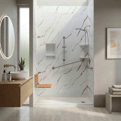 Accessible shower stall with folding teak seat, grab bars, handheld showerhead, and marble-look walls in a modern bathroom