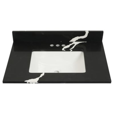 Black galaxy quartz vanity top with white veining and rectangular undermount sink with three faucet holes