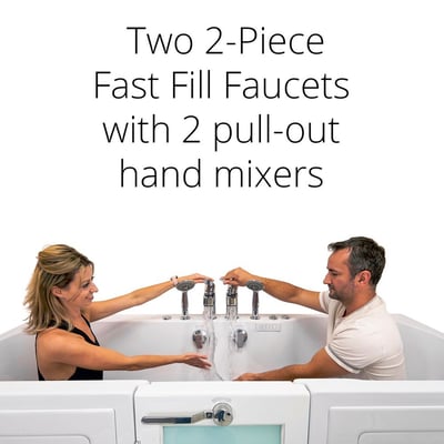 Couple sitting in Ella Big4Two two-seat walk-in tub operating dual fast fill faucets with pull-out hand mixers on each end