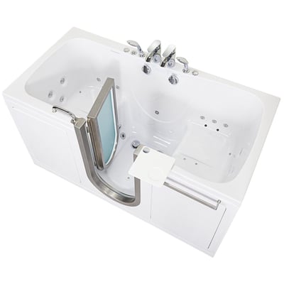 Ella Escape two-seat walk-in tub with open door showing hydro and air jets, built-in seat, and chrome faucet set
