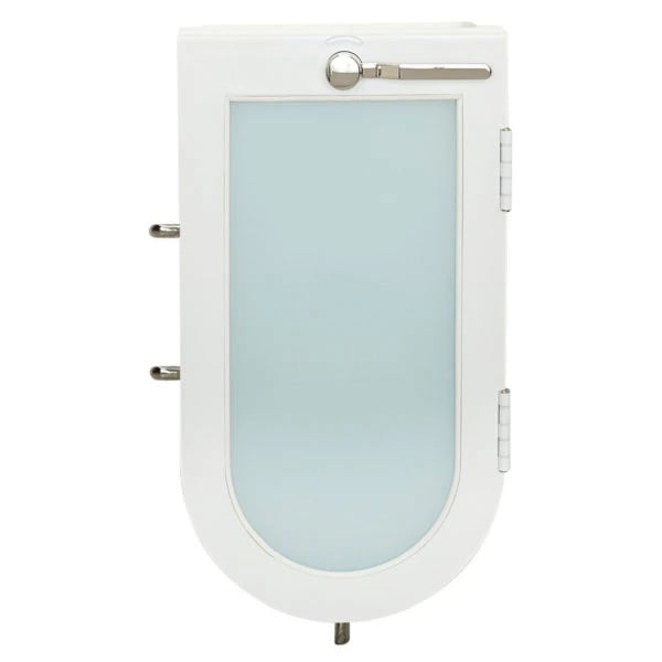 Close-up of Ella acrylic U-shape outward swing door panel for walk-in tubs with chrome latch and hinges