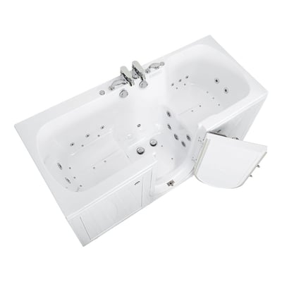 Overhead view of the Ella Big4Two two-seat walk-in tub with open door, hydro jets, and chrome faucet set on white background
