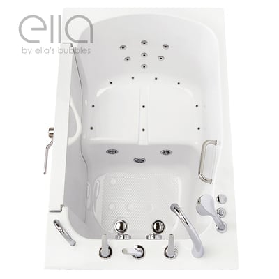 Overhead view of Ella's Bubbles Ola walk-in tub interior showing air jets, hydro jets, anti-slip floor mat, grab bar, and chrome faucet controls