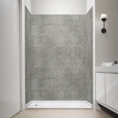 Ella accessible shower stall with Corintia marble grout-free wall panels and white low-threshold shower base