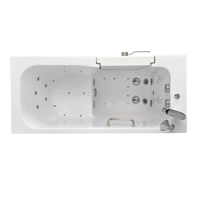 Vue de dessus d’une baignoire à porte Ella Lounger avec doubles jets d’air et d’eau, sol antidérapant, barre d’appui et commandes de robinet chromées