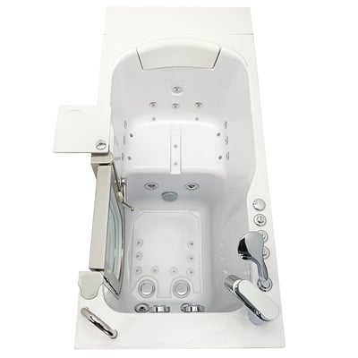 Vue de dessus de la baignoire à porte Ella Petite 28x52 montrant les jets hydromassants, le fond antidérapant, la robinetterie chromée et la porte latérale avec plateau pivotant