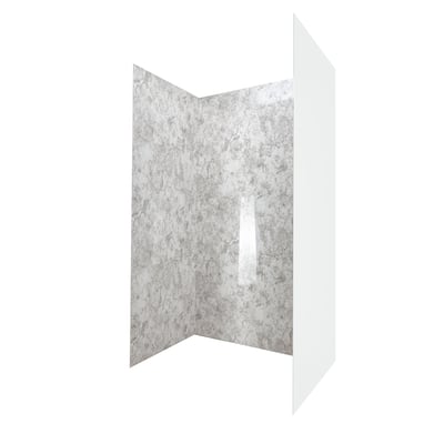 Three-panel limestone-textured acrylic shower wall kit with glossy gray marble pattern for walk-in tub or shower stall