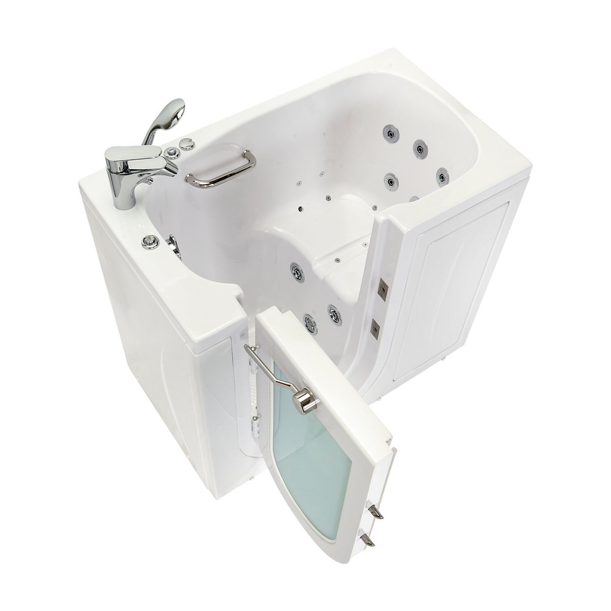 Bañera con puerta Ella Mobile blanca de 26 por 45 pulgadas con la puerta de apertura hacia afuera abierta, mostrando los hidrojets, el grifo cromado y la barra de sujeción
