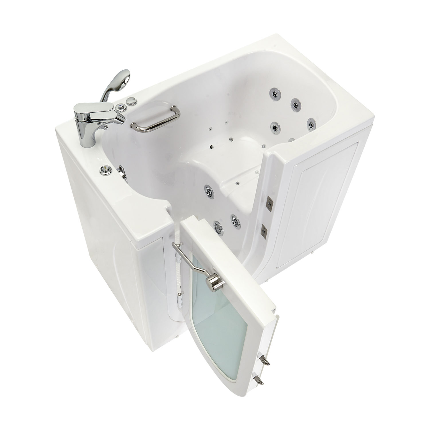 Bañera con puerta Ella Mobile blanca de 26 por 45 pulgadas con la puerta de apertura hacia afuera abierta, mostrando los hidrojets, el grifo cromado y la barra de sujeción