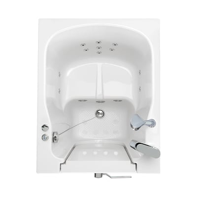 Vue de dessus de la baignoire à porte Ella à entrée frontale avec jets d’hydrothérapie, sol antidérapant, siège intégré et robinetterie chromée