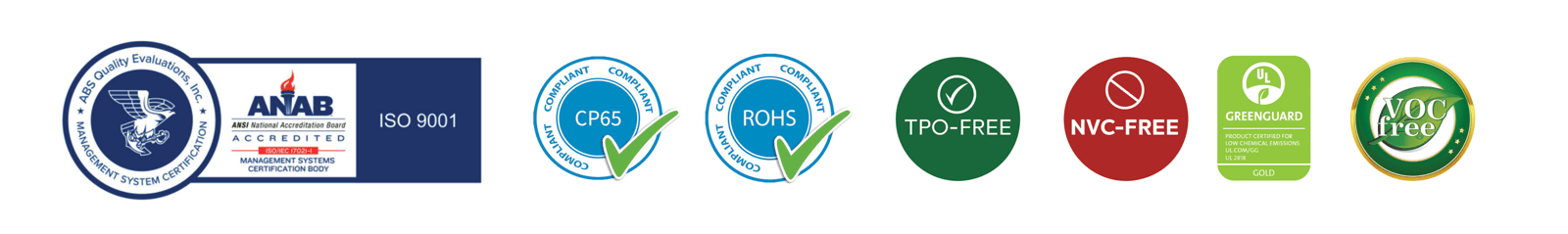 ISO 9001 ANAB accredited certification badge alongside CP65, ROHS, TPO-Free, NVC-Free, Greenguard Gold, and VOC Free complian