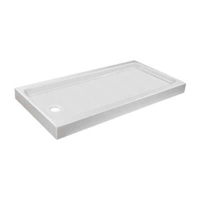 White rectangular textured acrylic shower base with raised edges and left-side drain on white background