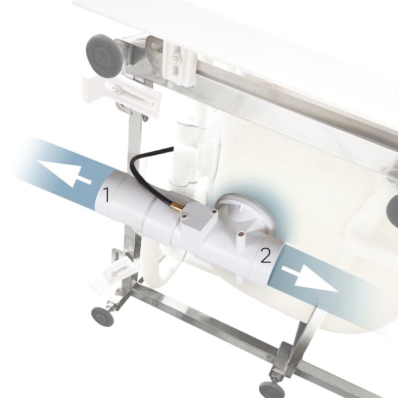 Close-up diagram of Ella walk-in tub dual drain technology showing water flow direction through two labeled drain ports