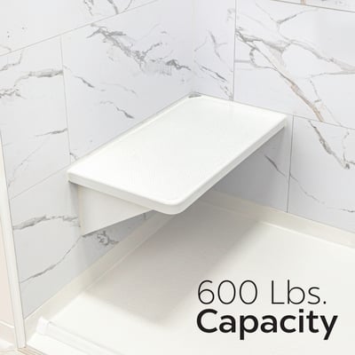 White bariatric rectangular corner shower seat with slip-resistant textured acrylic top, wall-mounted on marble tile, rated for 600 lbs capacity