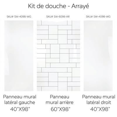 Schéma du kit de douche Ella montrant le panneau mural arrière à motif de carreaux alignés 60x98 et deux panneaux muraux latéraux lisses 40x98