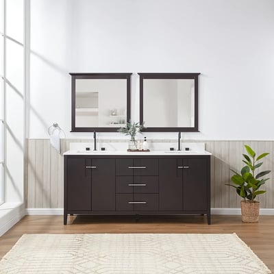 Meuble-lavabo de salle de bains moderne Florence sur pied avec plan en quartz blanc massif -