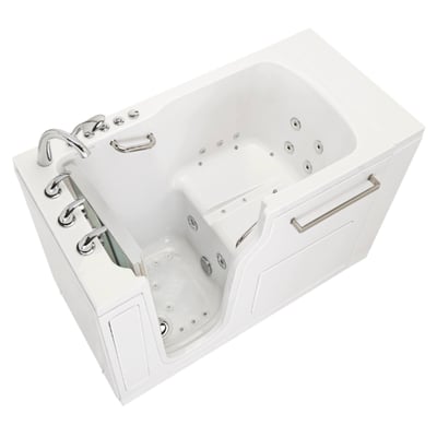Ella Ultra acrylic walk-in tub with open door showing hydro jets, anti-slip floor, grab bar, and chrome faucet fixtures