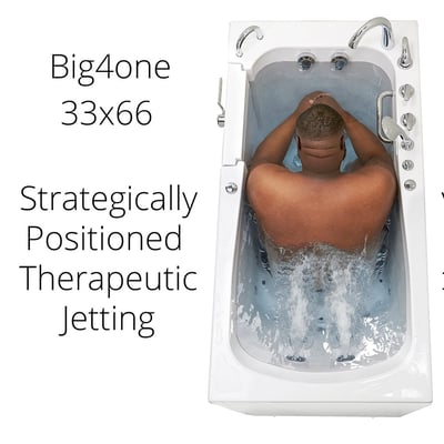 Man relaxing with hands behind head enjoying therapeutic hydro jets in the Ella Big4one 33x66 walk-in tub aerial view