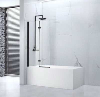 Ella Tidy 55x39 frameless bi-fold tub door in matte black with clear glass panel and rain showerhead against marble wall
