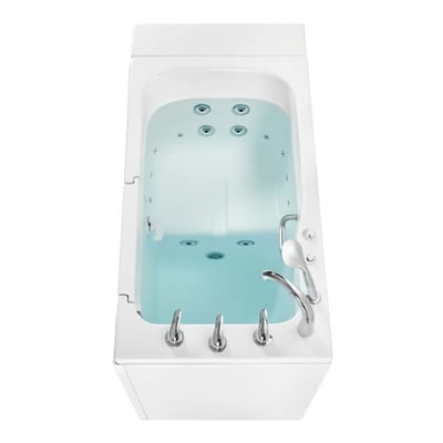 Overhead view of Ella's 30x52 acrylic walk-in tub filled with water showing hydro jets, chrome faucets, and side entry door