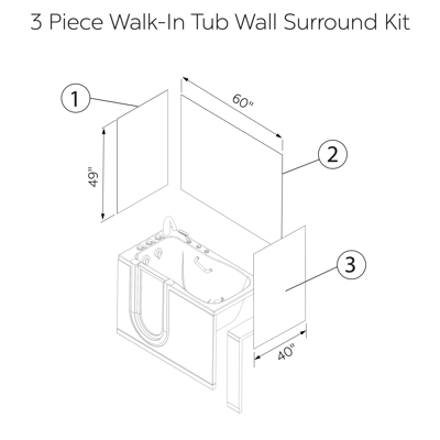 Solid White Glossy Acrylic, 3-Panel Walk In Tub Wall Surround Kit 40"x48"x60" -