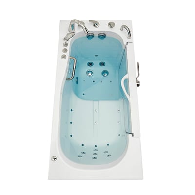 Overhead view of Ella Transfer60 wheelchair accessible walk-in tub showing hydro and air jets, chrome grab bar, and outward swing door