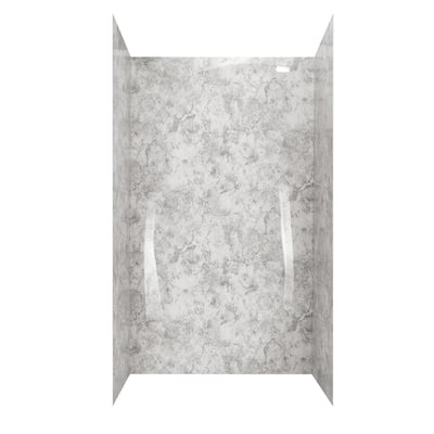 Three-panel acrylic shower wall kit in limestone marble finish showing back and side walls for accessible shower installation
