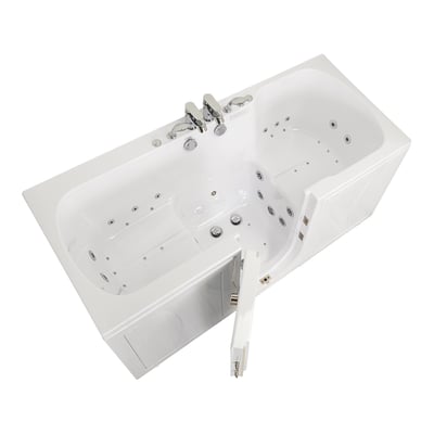 Overhead view of Ella Big4Two two-seat walk-in tub with open door, hydro and air jets, and chrome faucet fixtures