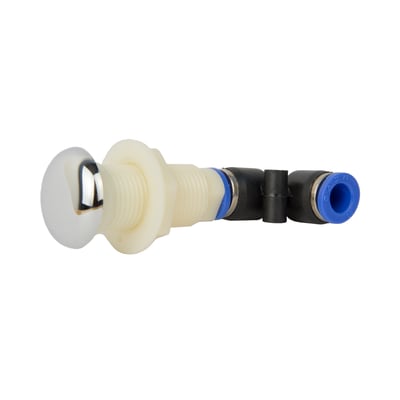 Close-up of a walk-in tub air jet fitting with chrome cap, threaded body, and blue push-fit tubing connector