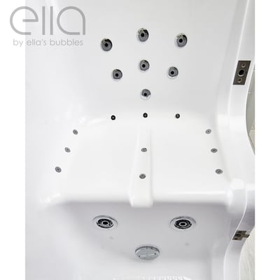 Overhead view of Ella Transfer32 wheelchair accessible walk-in tub interior showing hydro jets, air jets, and built-in seat