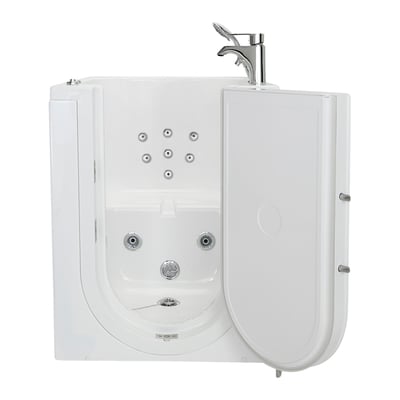 Baignoire à porte à entrée frontale avec porte battante vers l’extérieur ouverte, jets d’hydrothérapie, robinet chromé et siège intégré – 32 × 40&nbsp;po