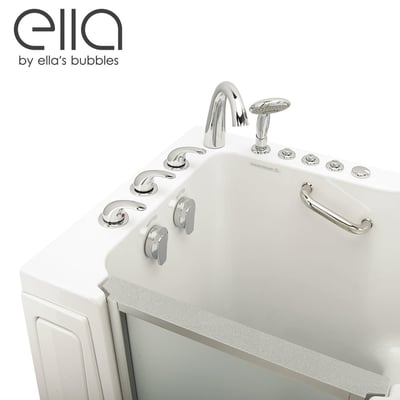 Ella Ultra Acrylic walk-in tub 30x52 inch with chrome faucet, hand shower, jetted controls, and side grab bar