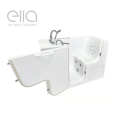 Ella's Bubbles white walk-in tub with open outward-swing door, hydro massage jets, air jets, and chrome faucet set on white background