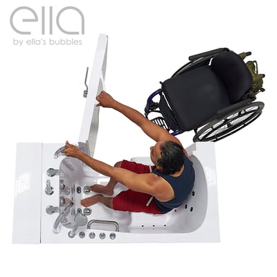 Person transferring sideways into the Ella Transfer30 walk-in tub with wide door open, aerial view showing hydro jets