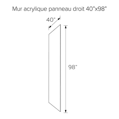 Schéma en dessin au trait du panneau droit de paroi de douche acrylique Ella’s, 40” de large x 98” de haut