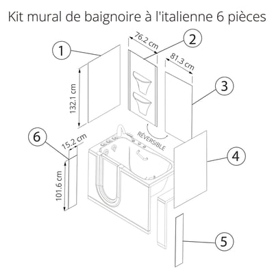 Habillage mural de douche Ella's Bubbles en acrylique blanc six pièces avec étagères d'angle, présenté autour d'une baignoire à porte