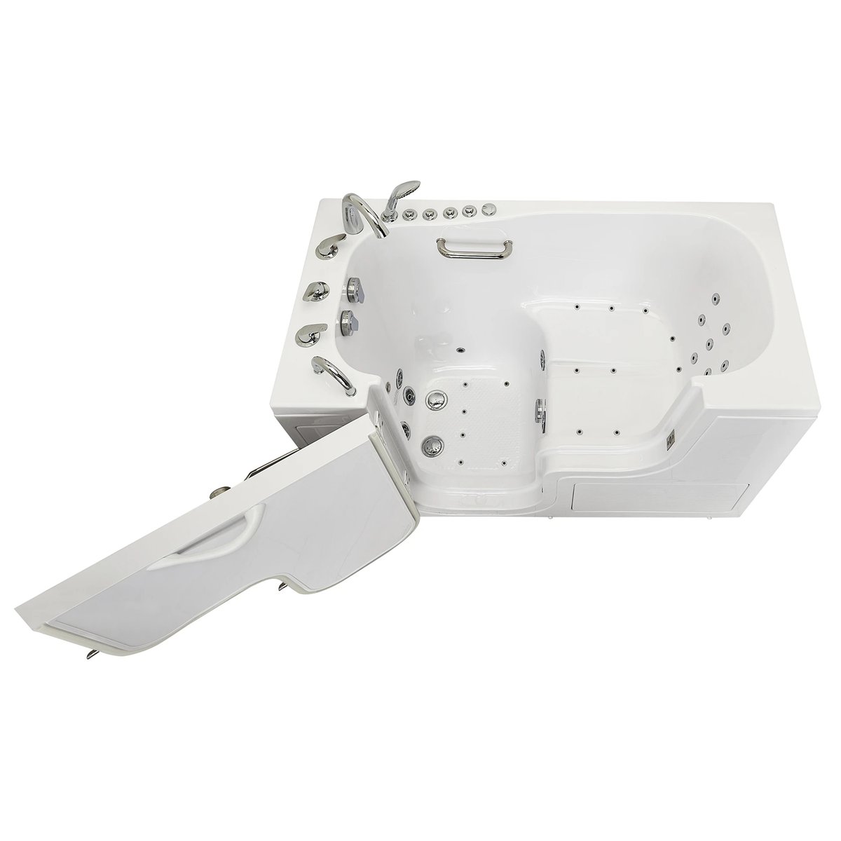 Ella Transfer60 walk-in tub with the L-shape door open showing the built-in seat, hydro jets, and grab bar