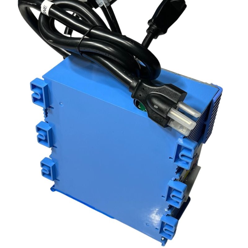 Blue Ella walk-in tub control box with power cord and mounting brackets, the one part that ships with a return label